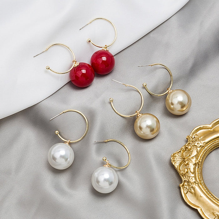 Elegant Gold Alloy Hoop Earrings With Oversized Faux Pearl Ball Drops For Women Party Fashion Earrings