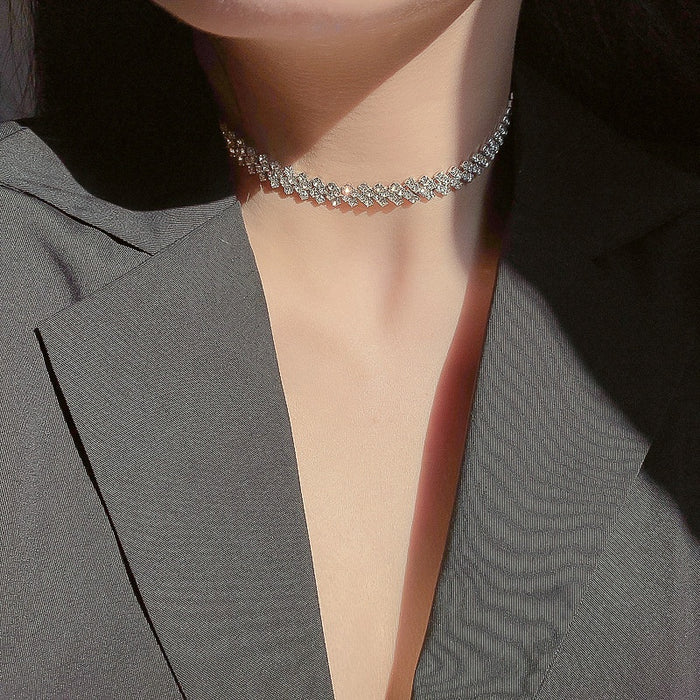 Copper Full Rhinestone Geometric Choker Necklace Korean Style Fashion Collarbone Jewelry