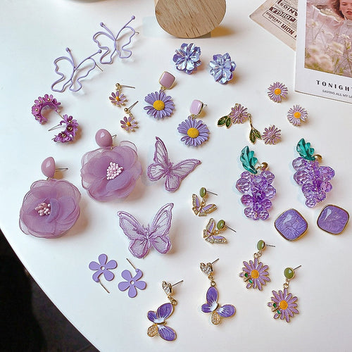 Korean Style Purple Flower Geometric Alloy Earrings With Silver Posts For Women