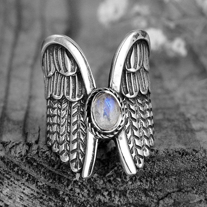 Vintage Antique Silver Plated Angel Wing Moonstone Ring For Women, Retro Hand Jewelry