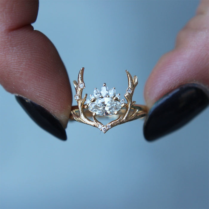 Cute European American Reindeer Antler Zircon Ring For Women, Birthday Gift Hand Jewelry