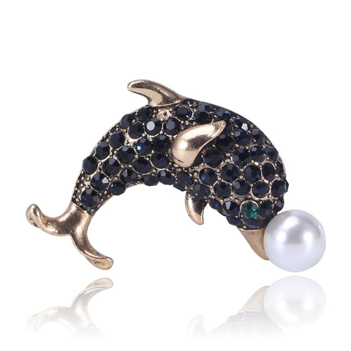 Alloy Rhinestone Dolphin Pearl Brooch Fashion Animal Lapel Pin