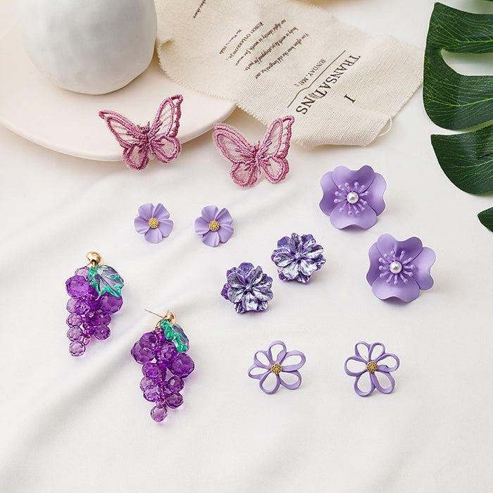 925 Silver Pin Elegant Korean Purple Grape Butterfly Flower Acrylic Crystal Pearl Stud Drop Earrings