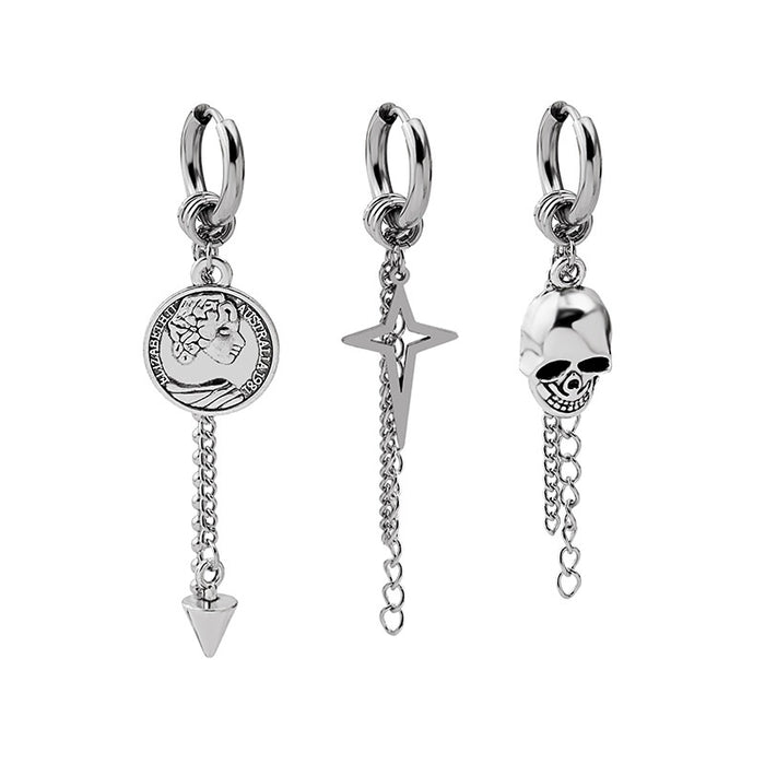 Vintage Stainless Steel Coin Skull Cross Chain Tassel Huggie Hoop Clip On Stud Fashion Earrings