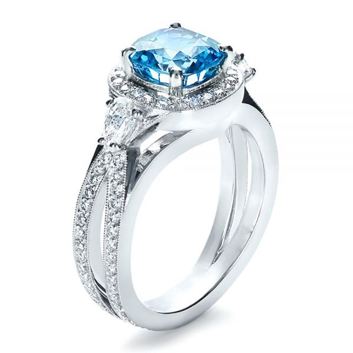 Luxury Aquamarine Blue Women's Engagement Ring With Micro Pave Zircon, Fashion Jewelry Accessory