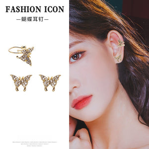 Elegant Mini Butterfly Rhinestone Alloy Ear Cuff And Stud Set Korean Fashion Cartilage Earrings