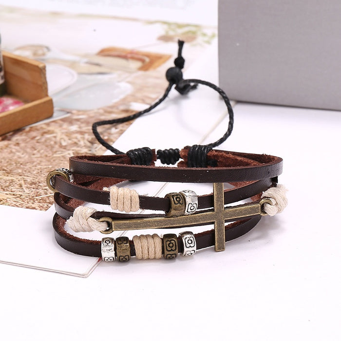 Vintage Beaded Cowhide Leather Bracelet For Women, Braided Antique Bronze Leather Wristband
