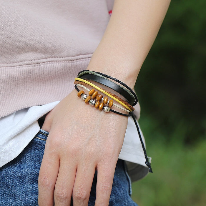 Handmade Multilayer Beaded Cowhide Leather Bracelet With Hemp Rope And Wood Beads For Women