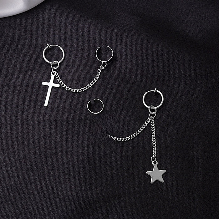 Punk Stainless Steel Chain Ear Cuff Cross Star Pendant No Piercing Couple Hoop Earrings