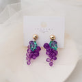 925 Silver Pin Sweet Purple Crystal Grape Cluster Studs With Green Leaf Elegant Cute Fruit Drop Earrings view 1