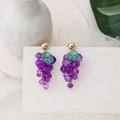 925 Silver Pin Sweet Purple Crystal Grape Cluster Studs With Green Leaf Elegant Cute Fruit Drop Earrings view 2