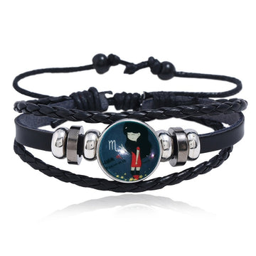 Punk Luminous Gemstone Twelve Zodiac Cowhide Leather Braided Bracelet Constellation Bangle