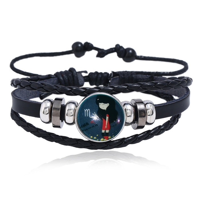 Punk Luminous Gemstone Twelve Zodiac Cowhide Leather Braided Bracelet Constellation Bangle