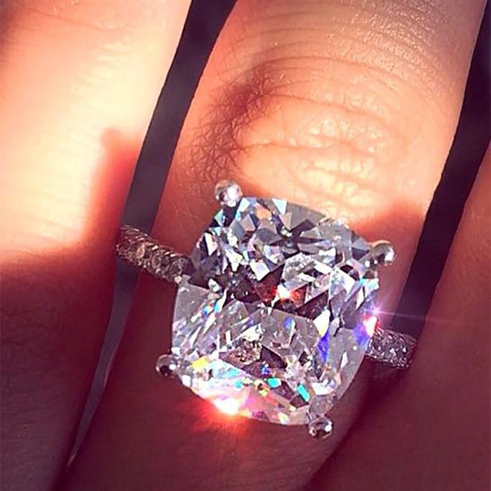 Classic Four Prong White Square Zircon Ring, Large Stone Fashion Jewelry For