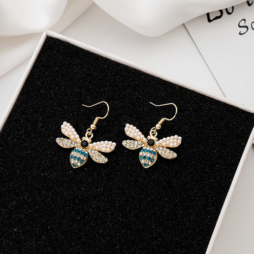 Vintage Bee Pearl Rhinestone Zircon Alloy Stud Drop Luxury Creative Insect Fashion Earrings