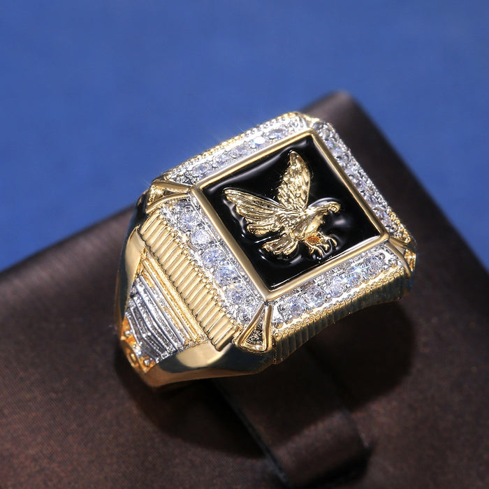 Bold Mens Gold Plated Eagle Ring With Inlaid Rhinestones European American Fashion Finger Jewelry