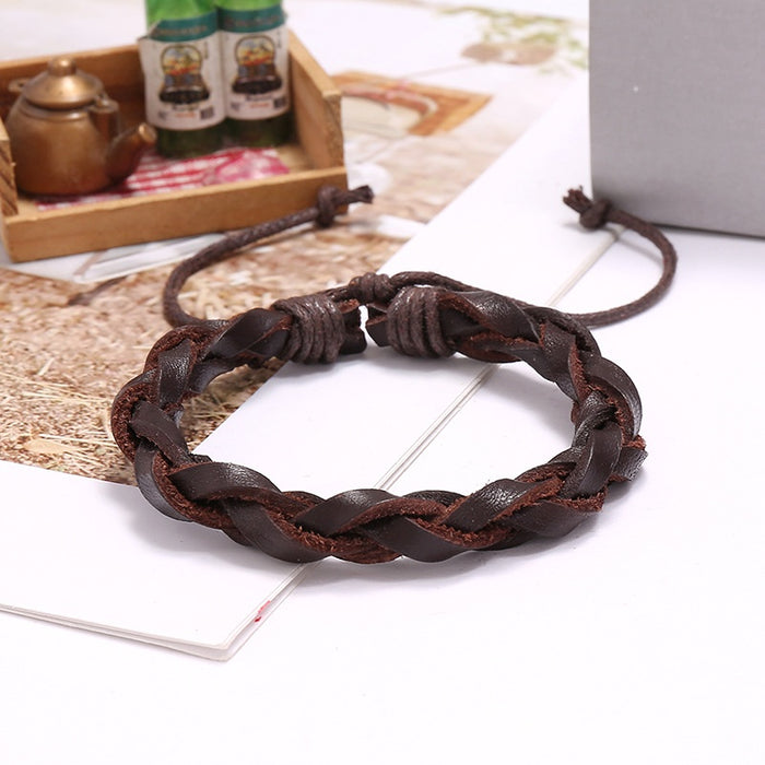 Vintage Woven Cowhide Leather Bracelet, Simple Punk European Style Cross Border Accessory