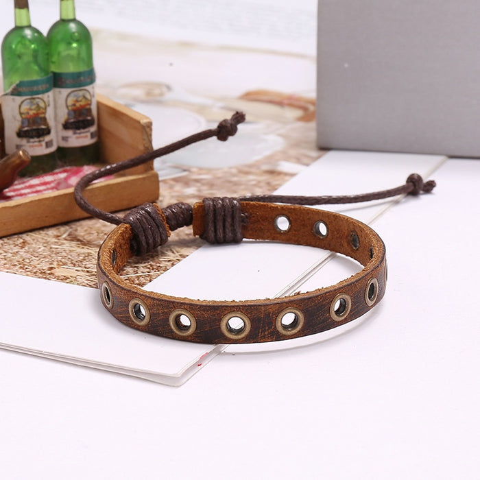 Vintage Brown Eyelet Cowhide Leather Bracelet Mens Braided Leather Jewelry Accessory