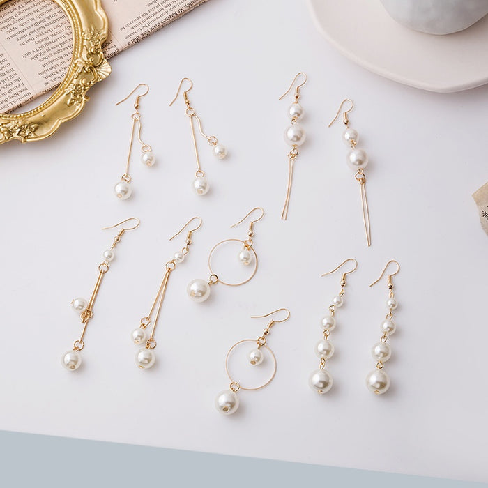 Elegant Gold Tone Alloy Long Tassel Drops, Round Hoop And Graduated Faux Pearl Dangle Earrings