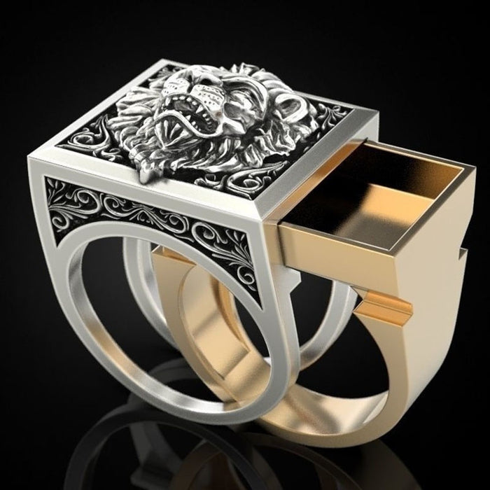 Men's Bold Lion Head Ring With Creative Hidden Box Storage Compartment