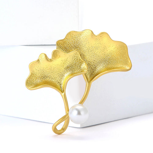 Alloy Ginkgo Leaf Pearl Brooch Pin For Women's Apparel