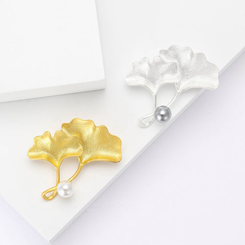 Alloy Ginkgo Leaf Pearl Brooch Pin For Women's Apparel
