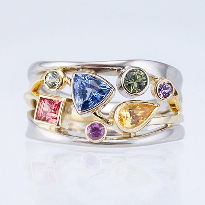 Exquisite Multicolor Geometric Zircon Women's Ring, Wave Line Finger Jewelry