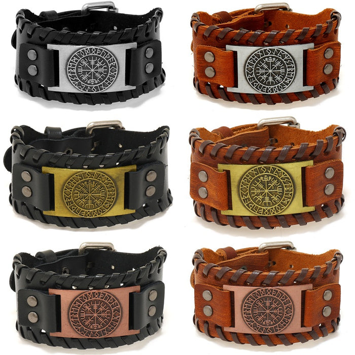Nordic Viking Pirate Genuine Leather Bracelet With Braided Compass Charm For Men