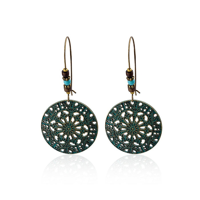 Vintage Ethnic Antique Bronze Alloy Hollow Round Filigree Turquoise Beaded Bohemian Drop Earrings