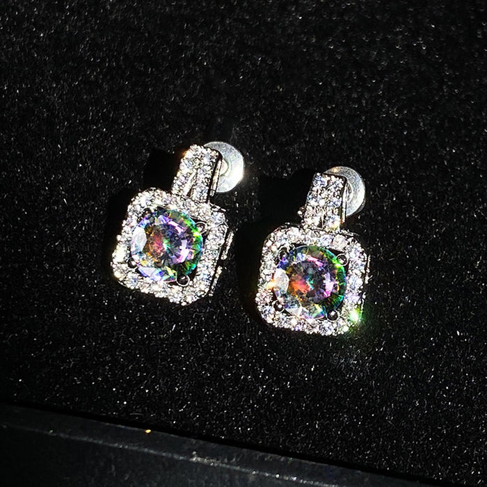 Exquisite Square Women's Stud Earrings With Full Zircon Inlay And Platinum Plated Finish