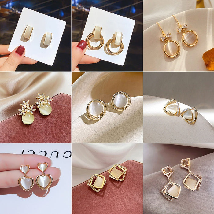 Korean Style Cat Eye Stone Heart Flower Drop Earrings With Silver Needle Round Accent