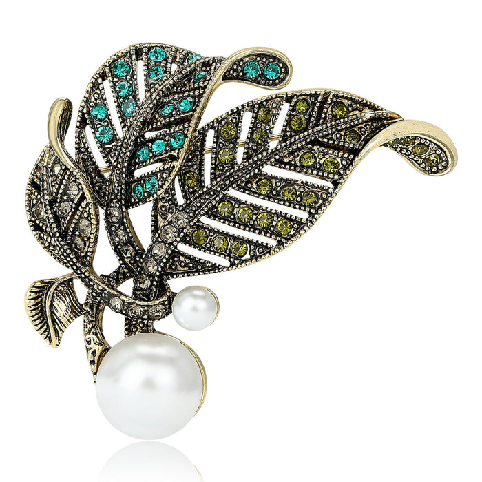Alloy Rhinestone Pearl Leaf Brooch Pin For Fashion Clothing Accessories
