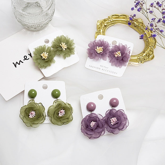 Chiffon Lace Flower Stud Earrings Elegant Purple Avocado Green Petal Alloy Fashion Earrings