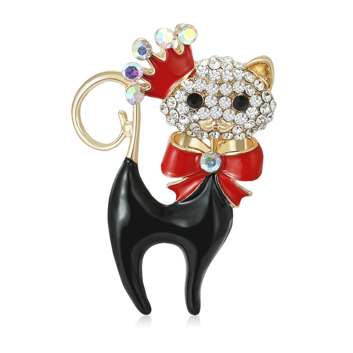 Alloy Enamel Rhinestone Cat Bow Brooch Pin For Fashion Accessories