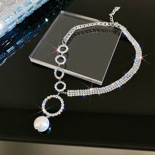 European Style Alloy Pearl Choker Necklace With Full Rhinestone Large Round Hoop Design