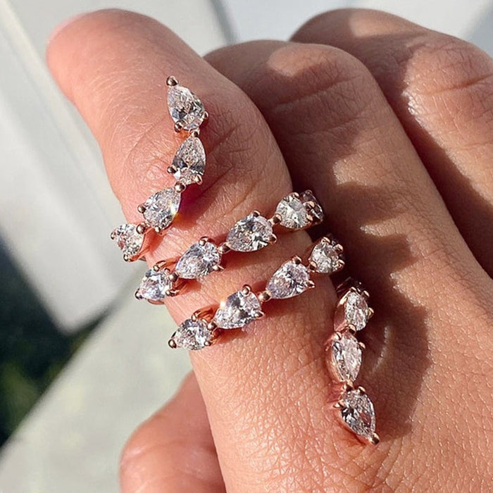 Creative Long Line Swirl Design Women Ring With Zircon, Fashion Statement Finger Jewelry