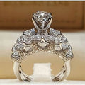 Classic Hollow Floral Pattern Platinum Color Rhinestone Couple Ring Set, European American Matching Rings view 2