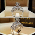 Classic Hollow Floral Pattern Platinum Color Rhinestone Couple Ring Set, European American Matching Rings view 3