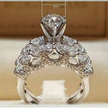 Classic Hollow Floral Pattern Platinum Color Rhinestone Couple Ring Set, European American Matching Rings view 4