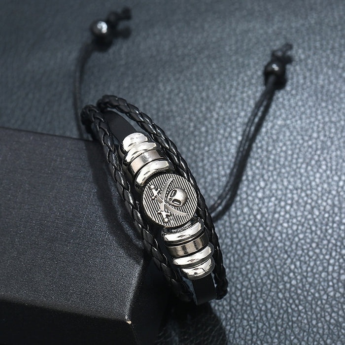 Vintage Skull Beaded Cowhide Leather Bracelet Adjustable Unisex Fashion Accessory