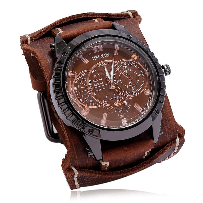 Direct Vintage Distressed Men's Cowhide Leather Watch Punk Wide Leather Bracelet