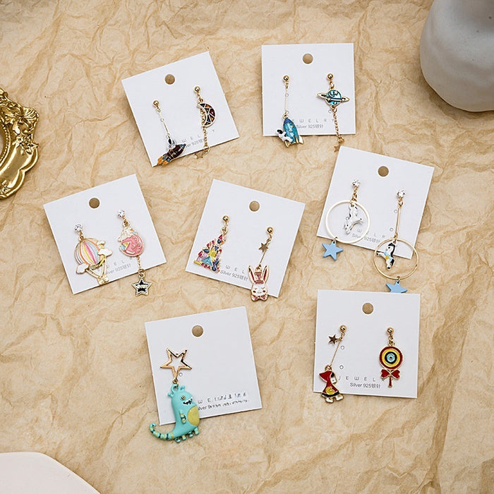 Enamel Cartoon Dinosaur Rocket Hot Air Balloon Rabbit Lollipop Asymmetric 925 Silver Needle Earrings