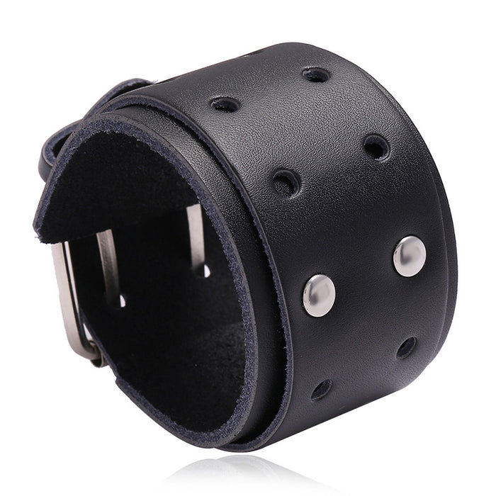 European American Punk Men's Simple Double Layer Wide Cowhide Leather Bracelet For Trendy Men