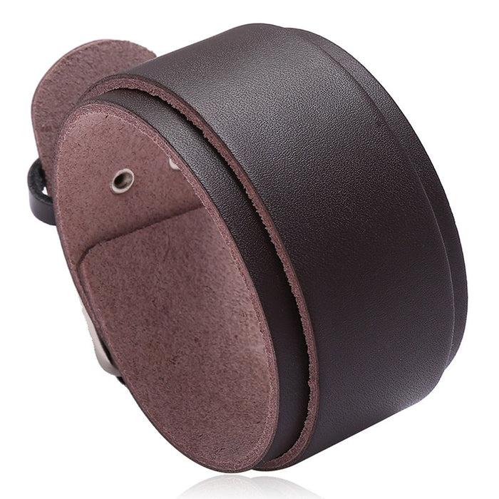 European American Men's Wide Cowhide Leather Bracelet Simple Double Layer Punk Cuff Bangle