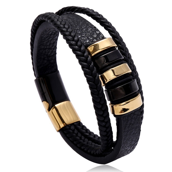 Creative Two Tone Stainless Steel Magnetic Clasp Leather Bracelet For Men