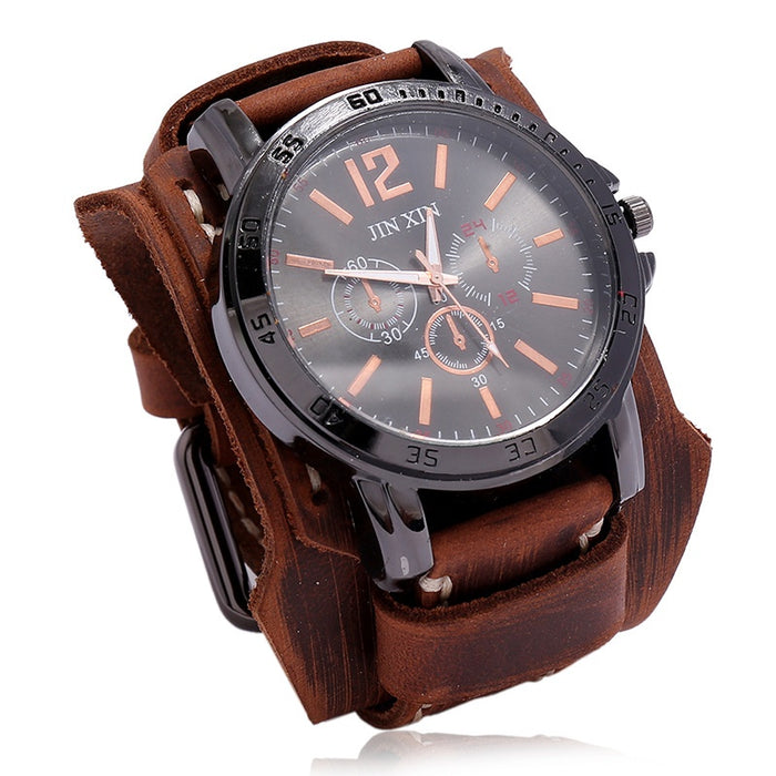 Vintage Bold Men's Cowhide Leather Watch Double Layer Hand Stitched Punk Bracelet For