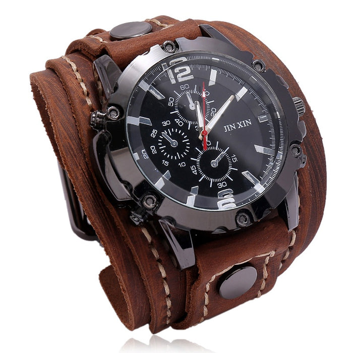 Punk Vintage Hand Stitched Cowhide Leather Watch Exaggerated Men's Leather Bracelet For Cross Border