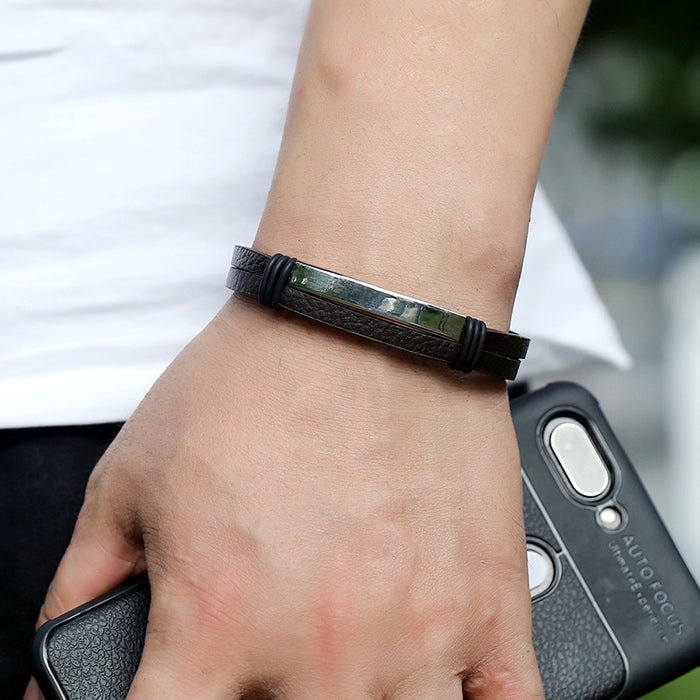 Punk Style Stainless Steel Smooth Leather Bracelet Simple Versatile Unisex Student Accessory