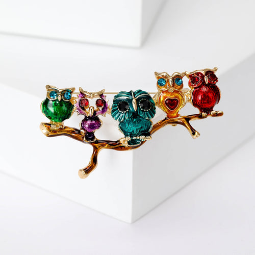 Alloy Enamel Five Owl Branch Brooch For Cute Apparel Decor