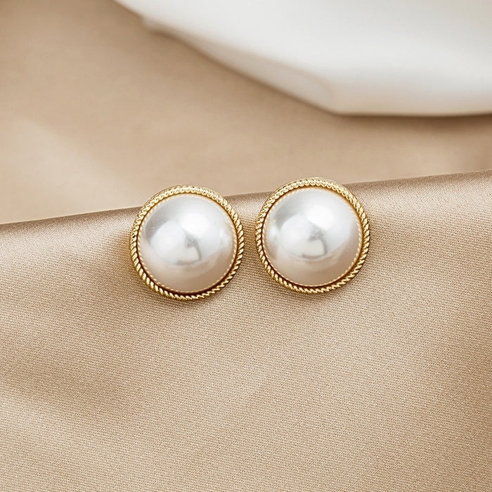 Elegant Vintage Round Faux Pearl Studs With Gold Alloy Rope Edge 925 Silver Pin French Style Earrings